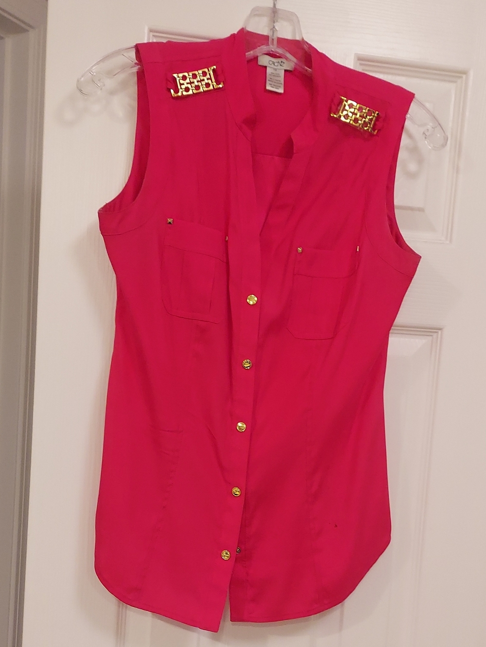 Cache Fuchsia Sleeveless Button-Down Top with Gold Accents